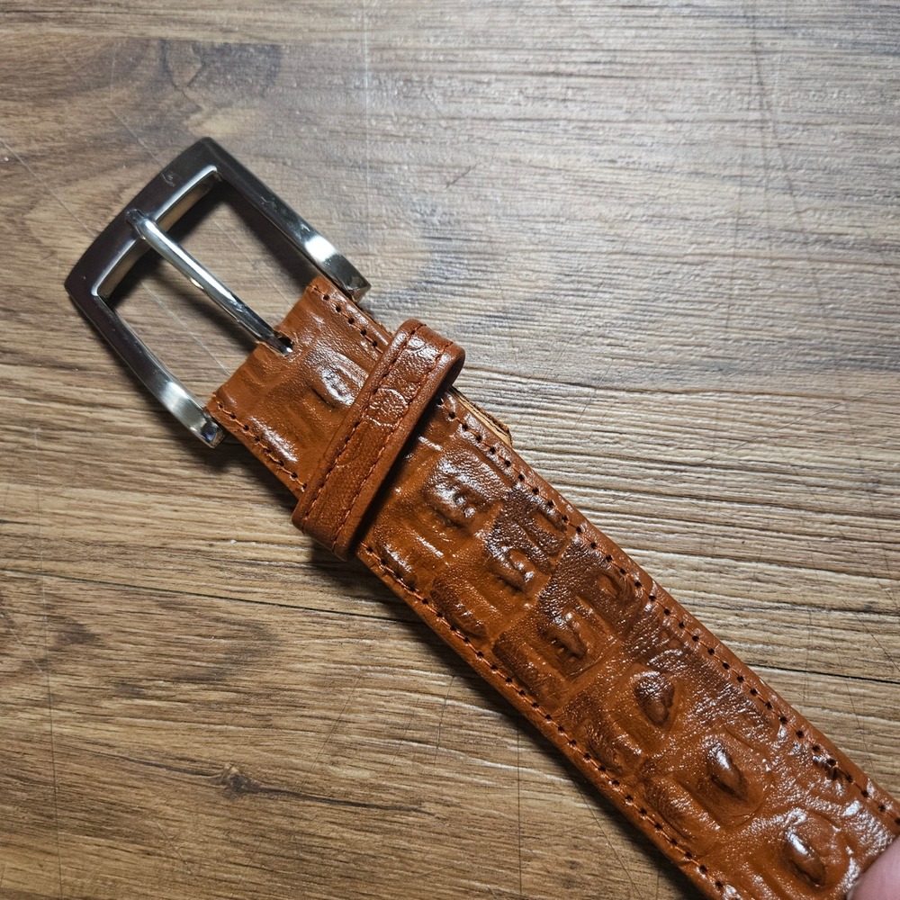 Mexican Leather Crocodile Embossed Belt Mens 40 Cognac Brown Western Cowboy Core - Picture 3 of 4